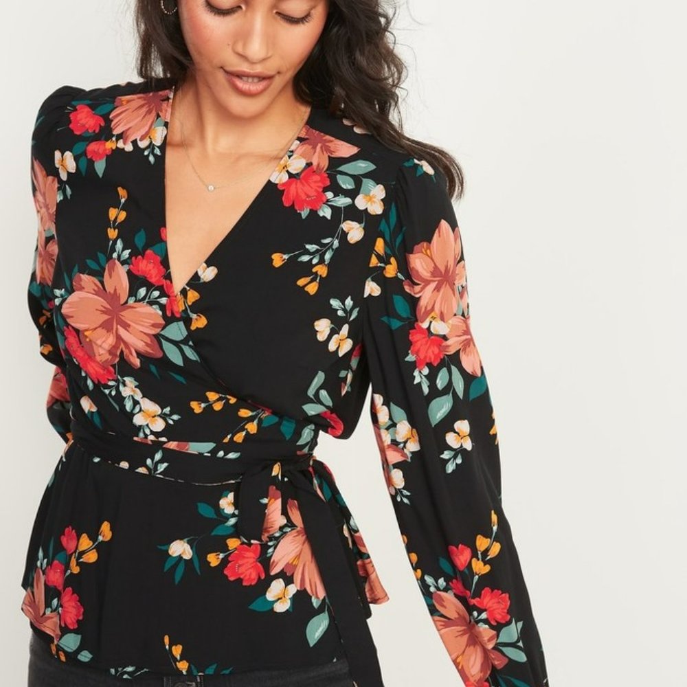 Floral-Print Tie-Belt Wrap Blouse